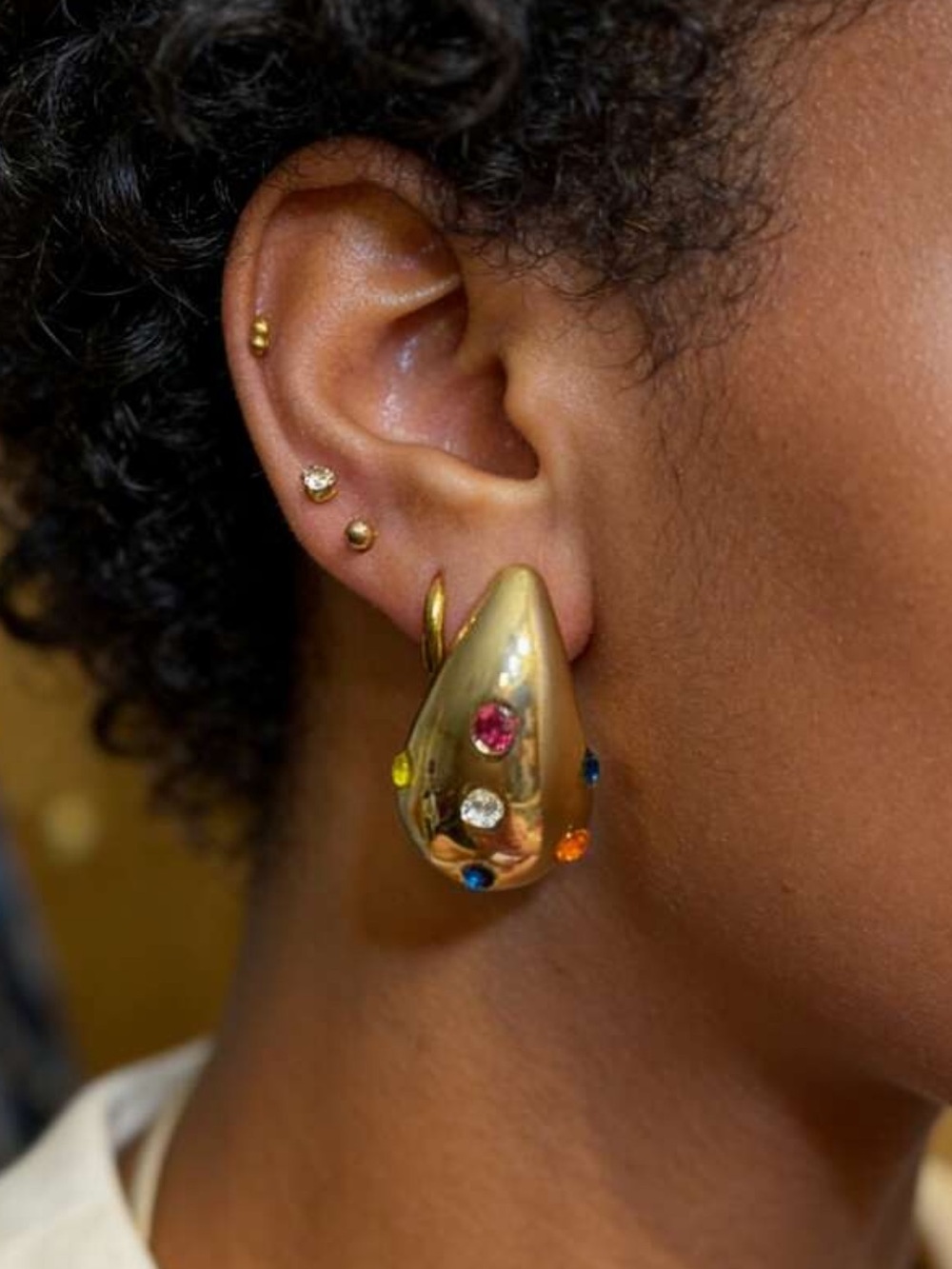 Gold Teardrop Multistone Hoop Earring - Women Jewelry NWOT